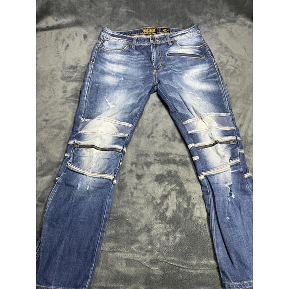 AKOO Jeans Mens 34 x 28 Distressed Grunge Zipper Hip Hop Blue Denim Destroyed - Picture 1 of 9